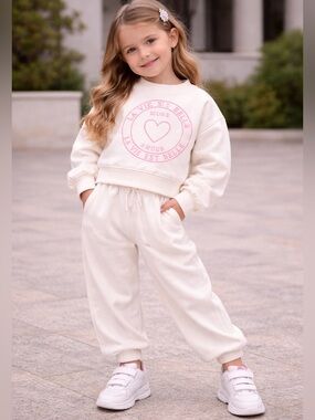 Cream Sweatshirt & Pants Set with Pink Heart Graphic
